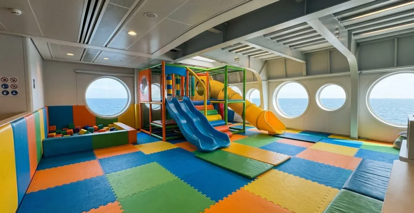 Vue en plongée d'un espace de jeux pour enfants moderne à bord d'un ferry, avec toboggans colorés, tapis en mousse et hublots offrant une vue sur la mer sous une lumière naturelle abondante