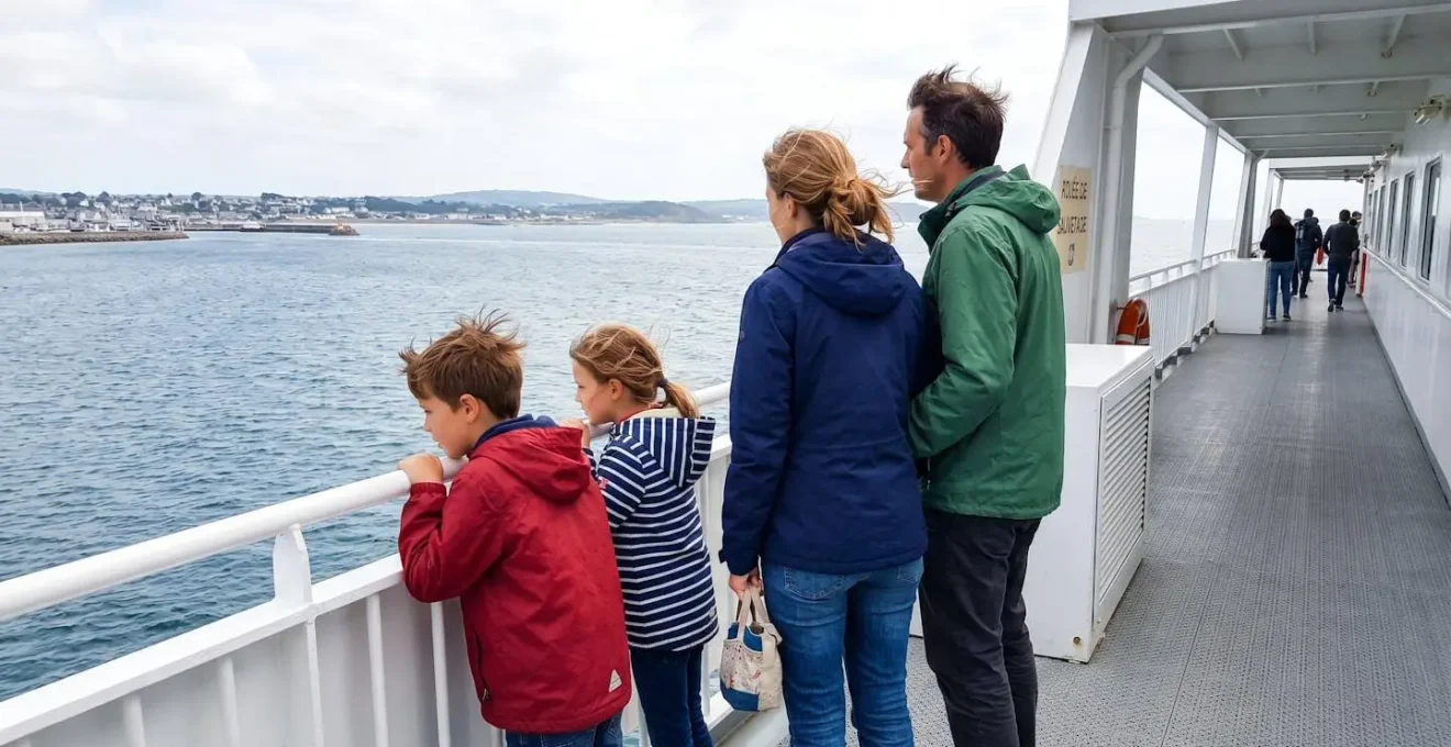 Une famille de quatre personnes vue de dos observe la mer depuis le pont d'un ferry, les enfants accoudés à la rambarde, cheveux au vent sous une lumière naturelle de départ