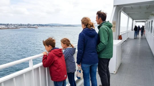 Une famille de quatre personnes vue de dos observe la mer depuis le pont d'un ferry, les enfants accoudés à la rambarde, cheveux au vent sous une lumière naturelle de départ